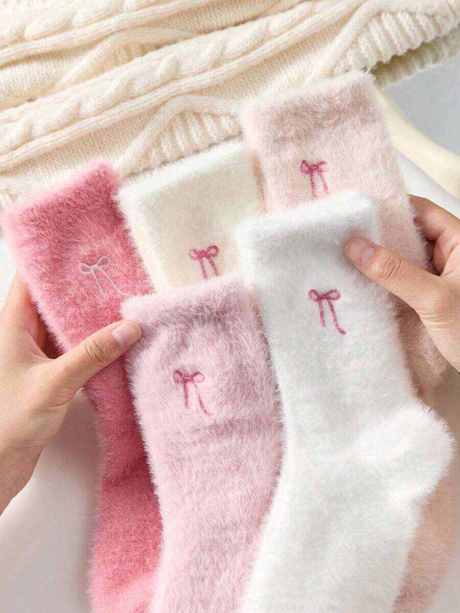 5 Pairs Bow Decor Fluffy Women's Crew Socks, Warm & Soft, Suitable For Autumn/Winter, Also An Ideal Gift - 粉色 - 查看 1