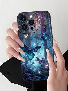 Modischer, beliebter, personalisierter, magischer Schmetterling & verzauberter Wald Muster Design Luxus stoßfester ästhetischer süßer Handyhülle, Linsenschutz, kompatibel mit iPhone 17/17Pro/17Pro Max, 16, 15, 14, 13, 12, 11 Plus/Pro Max und Serie, sowie kompatibel mit Galaxy S/A Serie, Geschenk für Ostern, Weihnachten, Halloween Dekoration/Geburtstags-Geschenk für Freundin, Freund oder sich selbst. - Schwarz - Übersicht 2