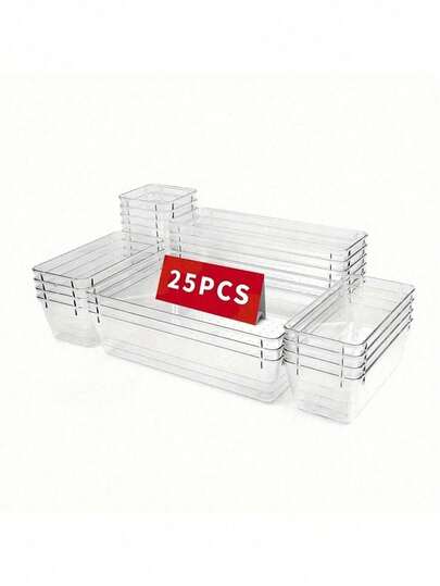 7/16/25 Piezas Juego de organizadores de cajones transparentes multicolor, cajas de almacenamiento de plástico de uso múltiple para el baño, dormitorio, oficina, armarios de cocina, organización de armarios, contenedores de almacenamiento de cosméticos, joyas y maquillaje, bandejas divisoras apilables, solución de organización del hogar