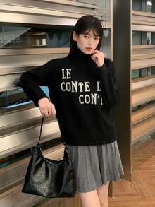 女士宽松字母印花高领套头毛衣，秋冬季 - 黑色 - 查看 2