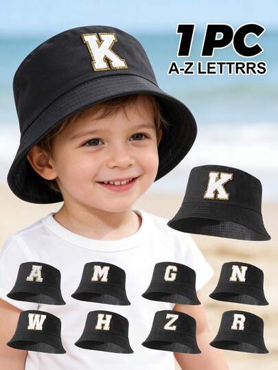 1pc Kids Solid Color Letter Patch Classic Bucket Hat, Fashionable Versatile Casual Sun Hat, Suitable For 3-8 Years Old Boys And Girls, All Seasons