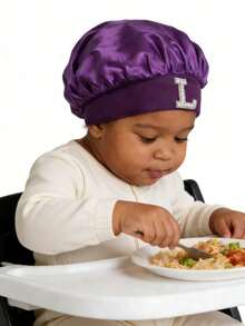 儿童A-Z字母图案弹性宽檐丝滑缎面睡帽 - 安全贴合，保护头发，超柔软透气设计，带防滑内圈 - 紫色 - 查看 3