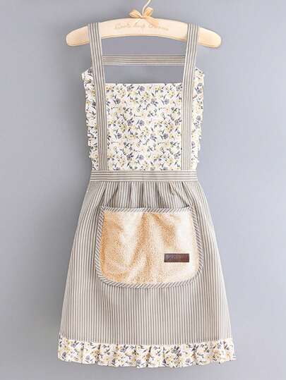 1pc Simple Fashion Floral Sleeveless Apron Durable Polyester Pocket Design Breathable Anti-Deformation Kitchen/Bathroom/Housework/Party Mother's/Father's Day/Graduation Practical