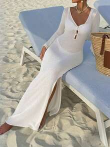 女士纯色V领性感沙滩镂空透视长袖针织连衣裙，春夏度假白色 - 白色 - 查看 8