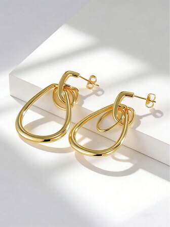 Charm-In Encrusted Gold Plated Hoop Earrings (Choose From Double Teardrop / Green Rectangular / Pink Stone Heart Pendant) - Personalized Jewelry, Suitable For Daily Wear Or Parties, Great Gift For Women