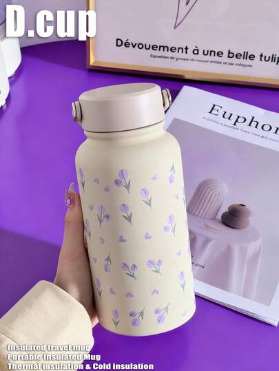 1 pieza Vaso aislado de doble pared de acero inoxidable con pintura al óleo de tulipán morado de 650ml, mantiene caliente/frío, botella de agua, taza, acabado mate, adecuado para deportes, oficina, hogar, exterior, viaje, regalo de cumpleaños y vacaciones