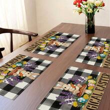 Bộ 1/4 tấm lót bàn ăn bằng vải lanh in họa tiết kẻ caro kiểu Buffalo, chủ đề trứng Phục Sinh mùa xuân/hè, hình thỏ hoạt hình, hoa và bướm, có thể giặt máy, làm bằng polyester, thích hợp cho nhà bếp, phòng ăn, trang trí nhà cửa, trang trí bàn làm việc, trang trí tiệc tùng, là món quà lý tưởng. - Nhiều màu - Xem 26