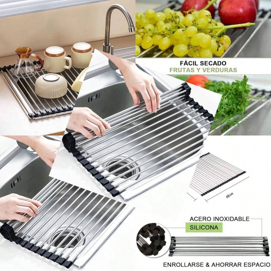 gjgfhFÁCILandVIVIR Coladores de Cocina Escurridor de Trastes de Acero Inoxidable Plegable para sobre Fregadero Alimentos Frutas Verduras Utensilios de Cocina Multifuncionalesbnvng - Gris - Ver 1