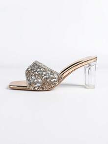 Sapatos de Salto Alto Femininos, Bico Quadrado com Strass Cintilantes, Salto Assimétrico, Confortáveis. Glamorosos, Strass Brilhantes, Adequados para Festas, Reuniões, Bailes, Compras, Várias Ocasiões e Festivais. Sandálias de Salto Alto Elegantes com Strass Prateados Cintilantes para Praia, Casamentos, Festas, Uso Externo na Primavera/Verão - Champanhe - Visão 10