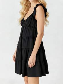 Women Tiered Mini Dress Solid V Neck Flutter Sleeve Backless A-Line Short Dress For Daily Party Club - Black - View 5