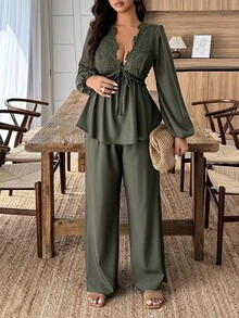 2 pièces Ensembles décontractés à col V en dentelle, Dirty Martini Vert, Vert Néon, Automne, Vacances, Festivals, Plages, Fêtes, Automne Hiver, Soirée Blanche, Style Old Money, Style de Cour, Soirée de Gala, Saint-Valentin, Bal de Promo