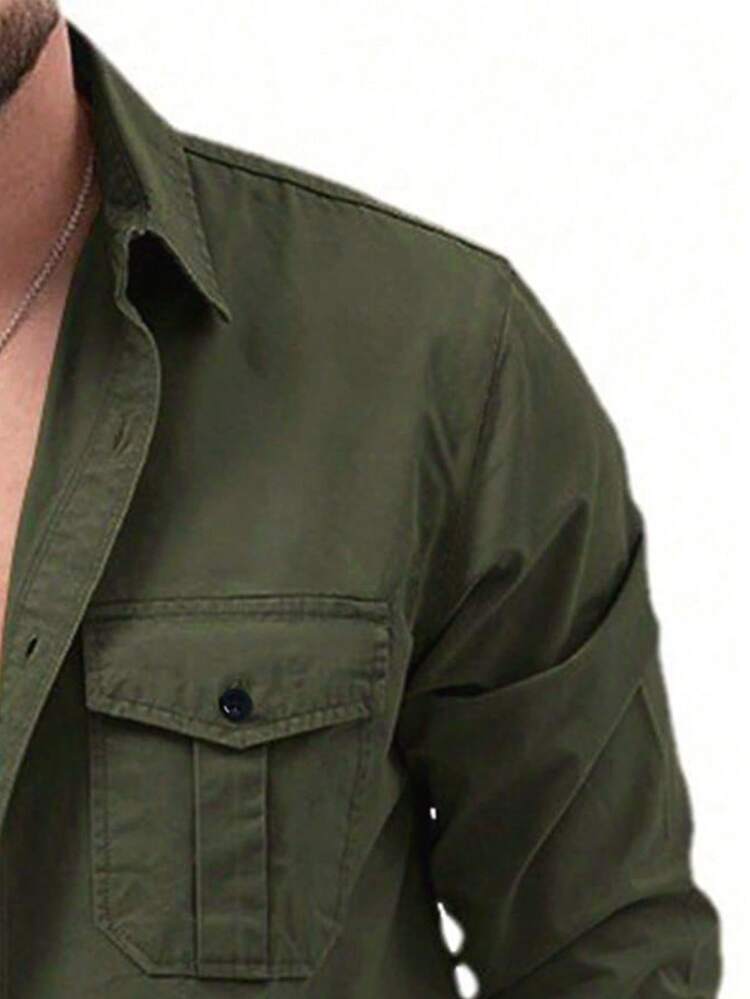 Camisa de vestir de manga larga de unicolor versátil para hombre, casual de negocios, otoño - Verde - Ver 6
