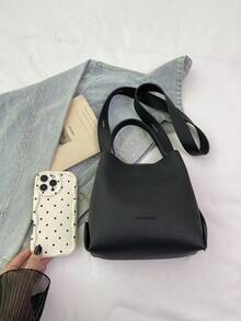 Fashionable Women's Handbag, Minimalist Black Litchi Grain Tote Mini Bucket Bag, PU Material Vintage Commuter Versatile Shoulder Bag Suitable For Ladies Shopping And Daily Use - Black - View 4