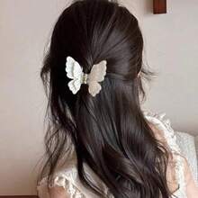 Fancy Butterfly Hair Clip For Women; High-End Feeling Half-Updo Hair Clip For The Back Of The Head; Stylish Shark Clip Hair Accessory - 粉紅色蝴蝶爪夾 - 查看 3