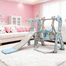 3 En 1 Centro De Juegos Para Niños - Columpios C/cinturon, Resbaladilla Y Canasta De Basket - Celeste - Ver 1