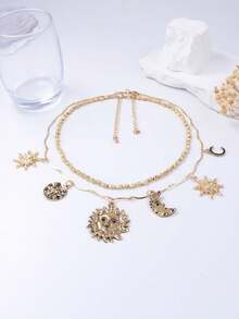 1件复古设计合金CCB日月吊坠双层项链，女士款 - 誇張太陽項鍊 - 查看 4