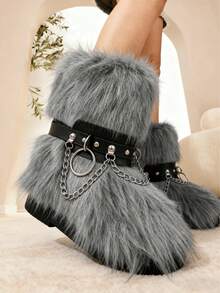Women's Faux Fur Boot Furry Fluffy Round Toe Suede Winter Comfy Plush Warm Short Outdoor Indoor Flat Shoes Mid-Calf Boots Fashion Boots - Kiểu dây xích đen (phần trang trí trên giày không phải là một phần của chính chiếc giày). - Xem 3