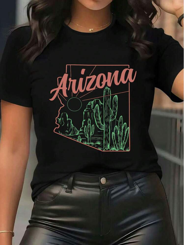 Women's Arizona Graphic Tee Short Sleeve Crew Neck T - Shirt With Cactus & State Map Print Casual White Top For Daily Wear - Black - View 1