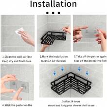 角落淋浴置物架套装，6件套浴室置物架，淋浴收纳架，免钻孔置物架，防锈壁挂式淋浴置物架，带皂盒、挂钩和牙膏架（黑色） - 黑色3角架 2件 - 查看 10