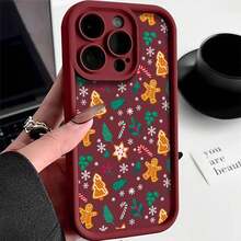 Christmas Themed Pattern Phone Case, Shockproof Phone Protective Cover, Decorative Phone Accessory Compatible With IPhone Series - Burgundy - View 2