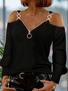 大码女式金属环装饰露肩修身衬衫 - 黑色 - 查看 1