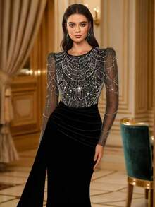 Rochie de seară luxoasă din catifea cu ornamente cu mărgele, rochie elegantă de doamnă, mânecă lungă, toamnă/iarnă, nou-venită, nuntă, petrecere de primăvară - Alb-negru - Vizualizare 1