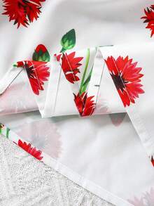 Set Gaun Suspender Puff Kasual Lucu & Elegan untuk Anak Perempuan Musim Semi/Panas, Warna Polos & Motif Bunga, Model 2 Potong - Merah - View 4