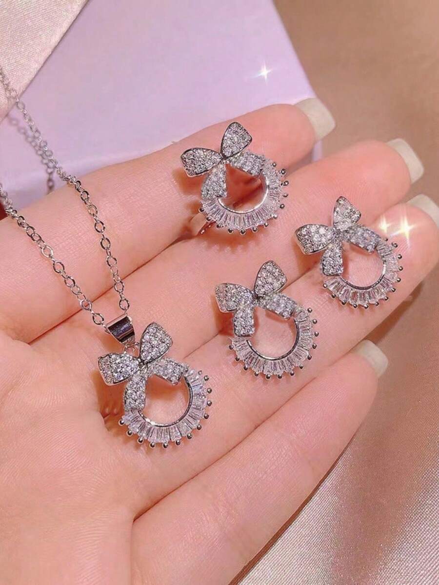 1 套/4 件优雅甜美蝴蝶结满钻耳环、项链、戒指套装情人节 - 銀色 - 查看 1