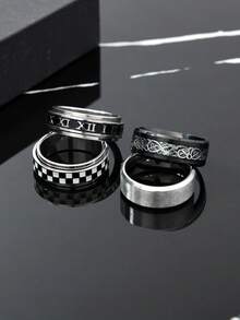 4pcs Fashionable Stainless Steel Men's Ring Set, Includes Roman Letter, Black & White Plaid, Dragon Texture, Matte Elements, Suitable For Men's Daily Wear, Holiday, Date, Engagement, Wedding Gift - Silver - View 3