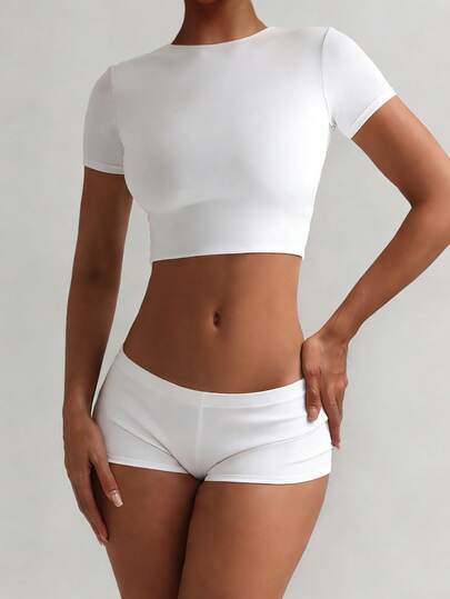 XLLAIS 小圆领短袖修身运动T恤 降温层 可爱夏季白色上衣 2025