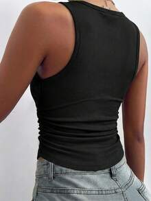ChicMe Women's Crew Neck Sleeveless Side Ruched Ribbed Tank Top, Fitted Backless Design, Classic & Fashionable, Suitable For Casual Wear All Year Round Black Summer - Black - View 3
