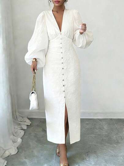 2026 Spring/Summer New Elegant White Floral Embroidered Midi Dress | Puff Sleeves V-Neck Waist Design | Valentine's Day Vacation Beach Dress, Suitable For Wedding Guests, Formal Dinners And Other Occasions