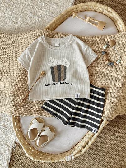 2pcs/Set Infant Baby Boy Cake Embroidery Waffle Knit Short Sleeve T-Shirt + Striped Shorts, Spring/Summer