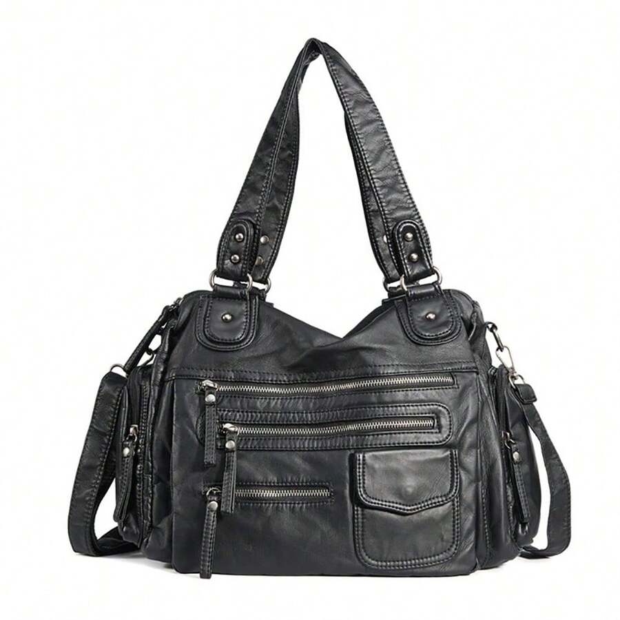 Women's Multi-Pocket Shoulder Bag, Retro Punk Personalized Design Handbag, Fashionable Sexy Ladies Crossbody Bag, Suitable For Daily Use, Party, Commuting, Holiday Gifts - Black - View 1