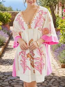 Đầm đi nghỉ mát in hoa phong cách Bohemian, trang phục đi biển dự tiệc âm nhạc Boho lấy cảm hứng từ miền Tây dành cho nữ, đầm babydoll in hoa Sweet Duet, đầm ôm sát in họa tiết tay cánh dơi cổ chữ V sâu gợi cảm màu hồng thanh lịch dành cho nữ, đầm hè sang trọng - Hồng - Xem 5