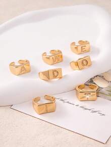 1pc Luxury Initial Open Ring, A-Z Letter Block Design With Cubic Zirconia, Adjustable Fashion Ring For Girl & Teens, Gift For Friends - Gold - View 2