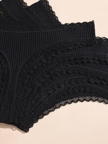 4pcs Black Cotton Lace Patchwork Bow Tie Thong Panties, Elastic & Breathable Women's Underwear - Black - View 5