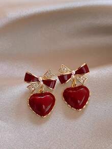 1 Pair Red Bow Heart Shaped Valentine's Day Earrings - A Pair Of Red Bow Heart-shaped Valentine's Day Earrings - View 4