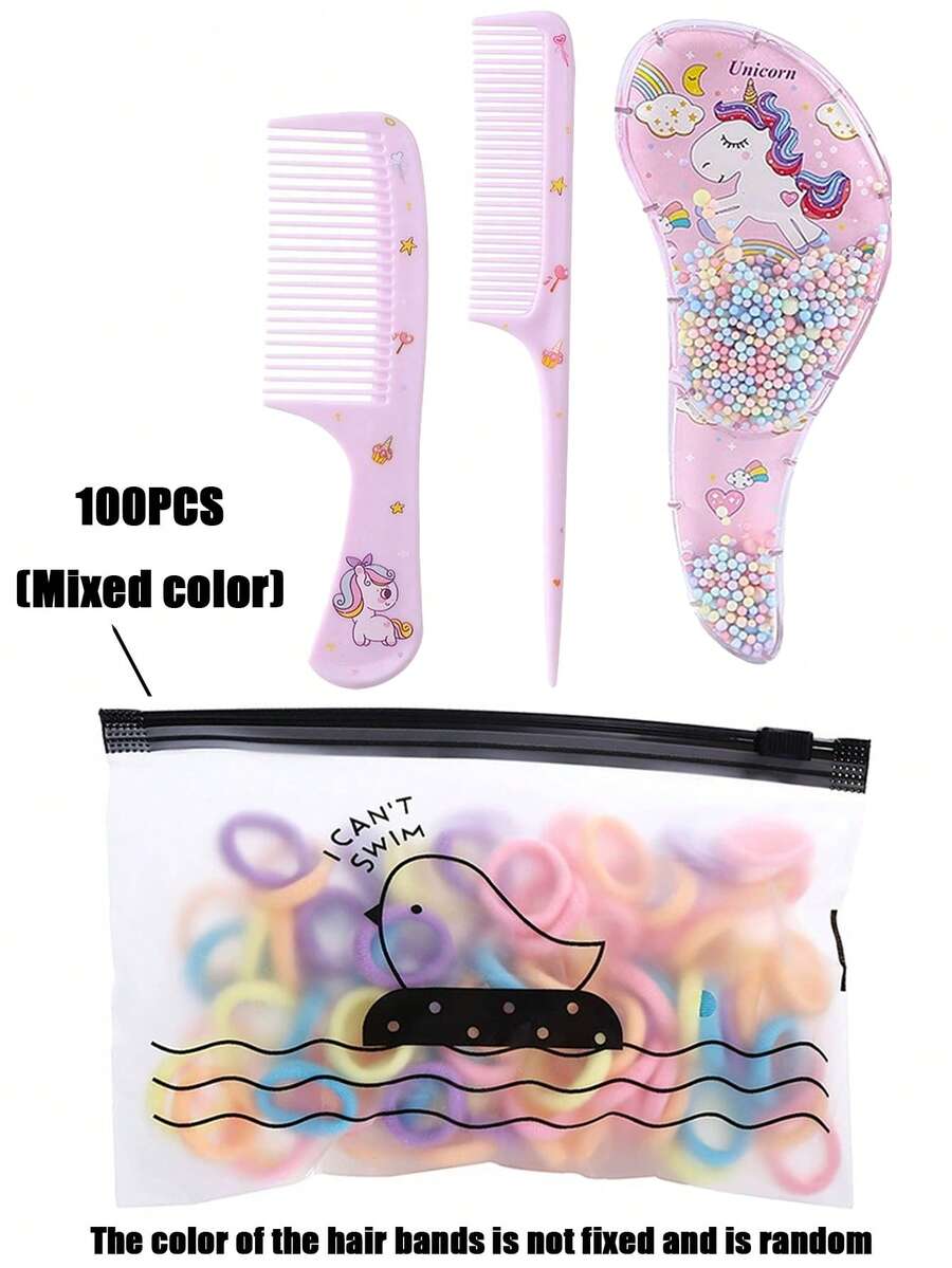 100 piezas/Paquete Set de Scrunchies de pelo elásticos de alta calidad, 3 piezas de peines de diseño de unicornio de dibujos animados que incluyen peines desenredantes, de sección y de mango, adecuados para estudiantes y mujeres para peinados - Multicolor - Ver 1