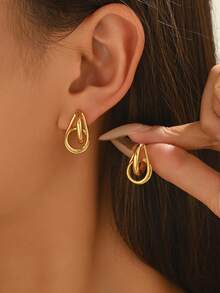 一对时尚不对称几何耳钉，简约不锈钢材质，佩戴舒适，提升整体造型，展现独特品味 - 金黃色 - 查看 1