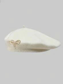 1顶复古蝴蝶结贝雷帽，时尚保暖，百搭女士冬季帽 - 彩色 - 查看 4