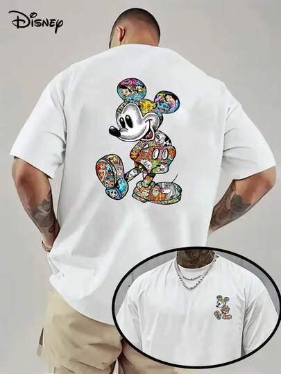 Disney Genuine Authorization 1 Piece, Mickey And Minnie Colorful, Cartoon Characters Printed Short Sleeves, Comfortable Adult Men's Casual Black Tops, Short Sleeves Loose Breathable T-Shirt In Summer.