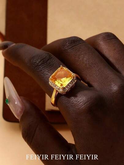 18K Gold Plated Stainless Steel Large Yellow Zirconia Ring, Suitable For Women And Mothers, Waterproof Open Ring, Gold Wedding Jewelry, Beach Holiday Accessory, Valentine's Day & Mother's Day Gift