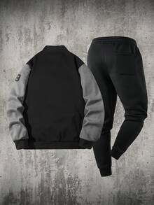 Men's Letter Print Baseball Jacket And Sweatpants Set, Autumn/Winter - Black - View 2