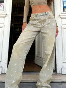 GILIPUR Straight Leg Loose Rhinestone Jeans Low Waist Yellow Shimmery Y2K Women's Long Pants Elegant Fashion Casual Bottoms StreetWear - 黃色 - 查看 7