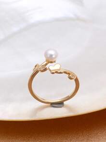 1pc 18K Gold Plated Freshwater Pearl & Cubic Zirconia Leaf-Shaped Open Ring (Women) - Butterfly-shaped Pearl 1 - View 5