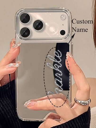 Stoßfeste Spiegel Element personalisierte Strass Name individualisierter Make-up Spiegel Handyhülle, kompatibel mit iPhone 17/16/15/14 Plus/13/12/11 Pro Max/17 Air, stoßfeste schützende Rückseite, Geburtstagsgeschenk