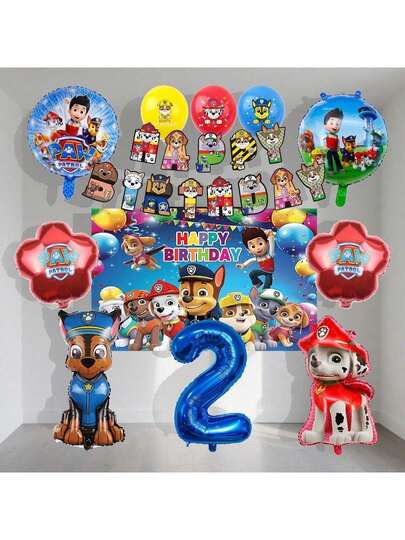 Paw Patrol 12pcs/Set Officially Licensed Cartoon Puppy Fantasy Theme Party Decoration Set, Includes Dog, Firefighter Dog Balloons, Red, Blue, Yellow Puppy Latex Balloons, 1-9 Blue Number Balloons, Happy Birthday Letter Banner, Puppy Theme Happy Birthday Backdrop, Suitable For Birthday Party, Theme Party Decor, Family Gathering, Home Decor, Party Supplies