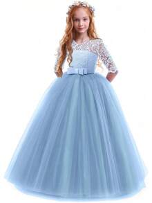 Girls Vintage Floral Lace 3/4 Sleeve Floor Length Dress - Wedding Pageant Formal Evening Gown - 藍色 - 查看 1