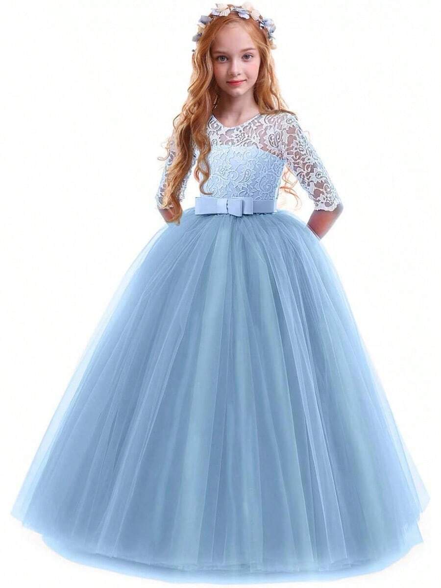 Girls Vintage Floral Lace 3/4 Sleeve Floor Length Dress - Wedding Pageant Formal Evening Gown - 藍色 - 查看 1